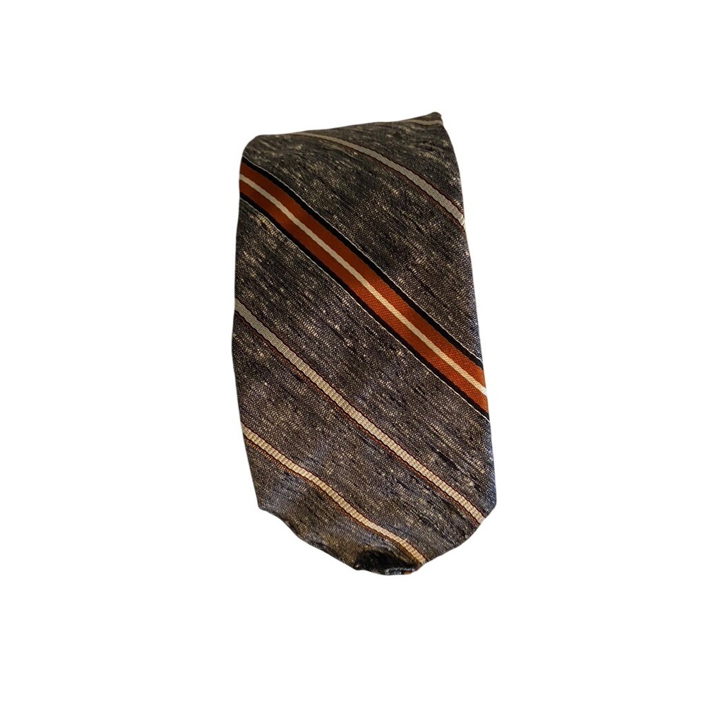 Fashion Craft Mens Silk Tie Grey Orange Striped Textured Slub Skinny Vintage